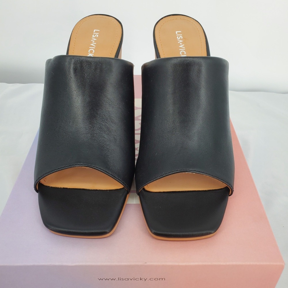 Lisa Vicky Virtue V Black Leather Block Heel Mules Square Toe Sandals Womens 7 M - Picture 6 of 8